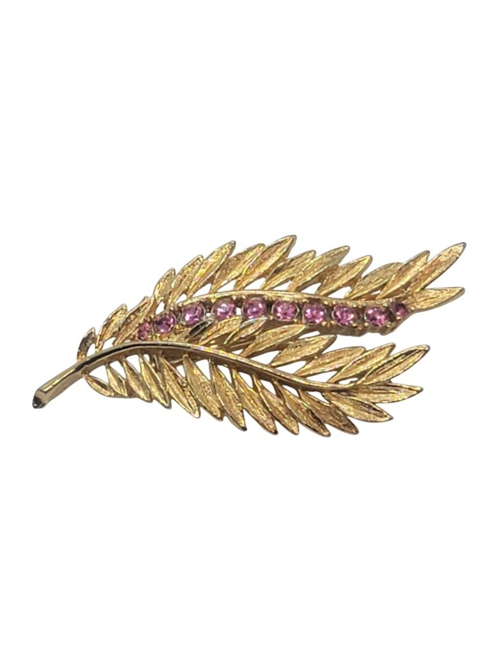 Vintage Gerrys Gold-Tone Leaf Brooch Pink Rhinestones 1980's Olive Branch Pin